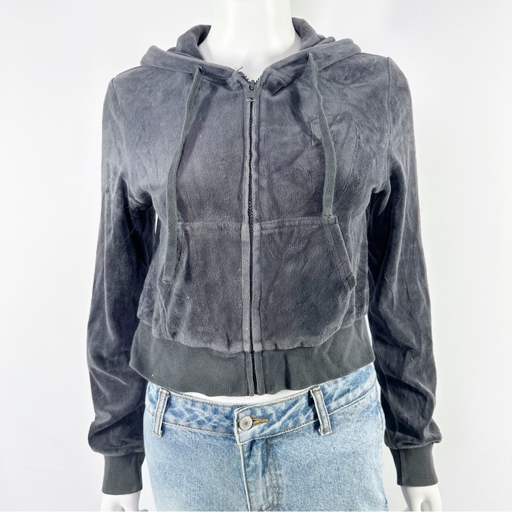 John Galt Brandy Melville Dark Gray Velour Zip Hoodie One Size Casual Y2K Comfy